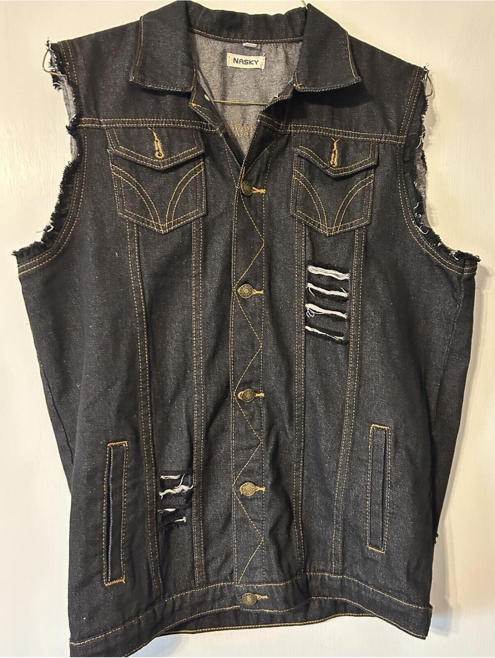 Nansky Dark Denim Vest Cyber Punk Y2K Bikercore Distressed Rips Grunge Men's M